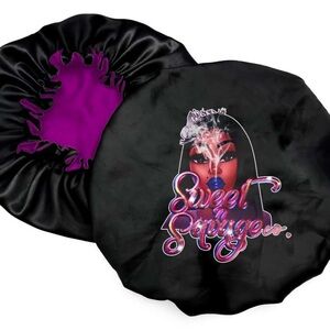 Graphic Black Satin Bonnet with Purple Lining